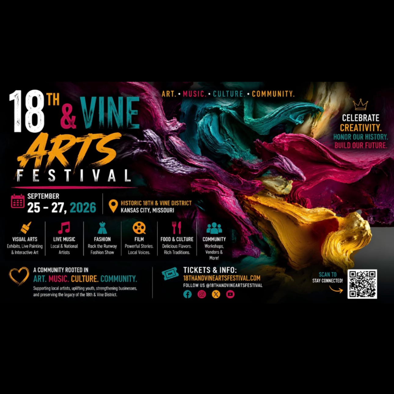 Promotional poster for the 18th Vine Arts Festival with colorful abstract design on a black background.